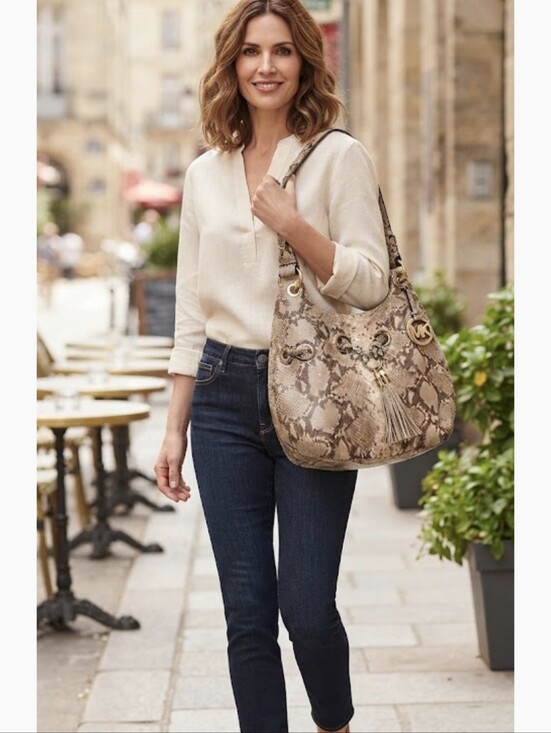 Michael Kors Handbags - Michael Kors Taupe Snakeskin-Print Shoulder Bag with Tassel